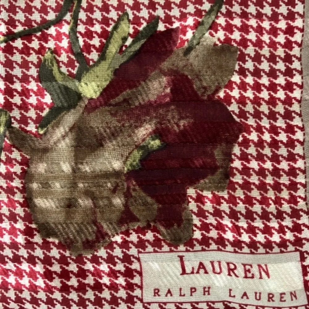 Ralph Lauren Vintage Houndstooth Rose 100% Printed Silk Red Gold Scarf 21”x21”.